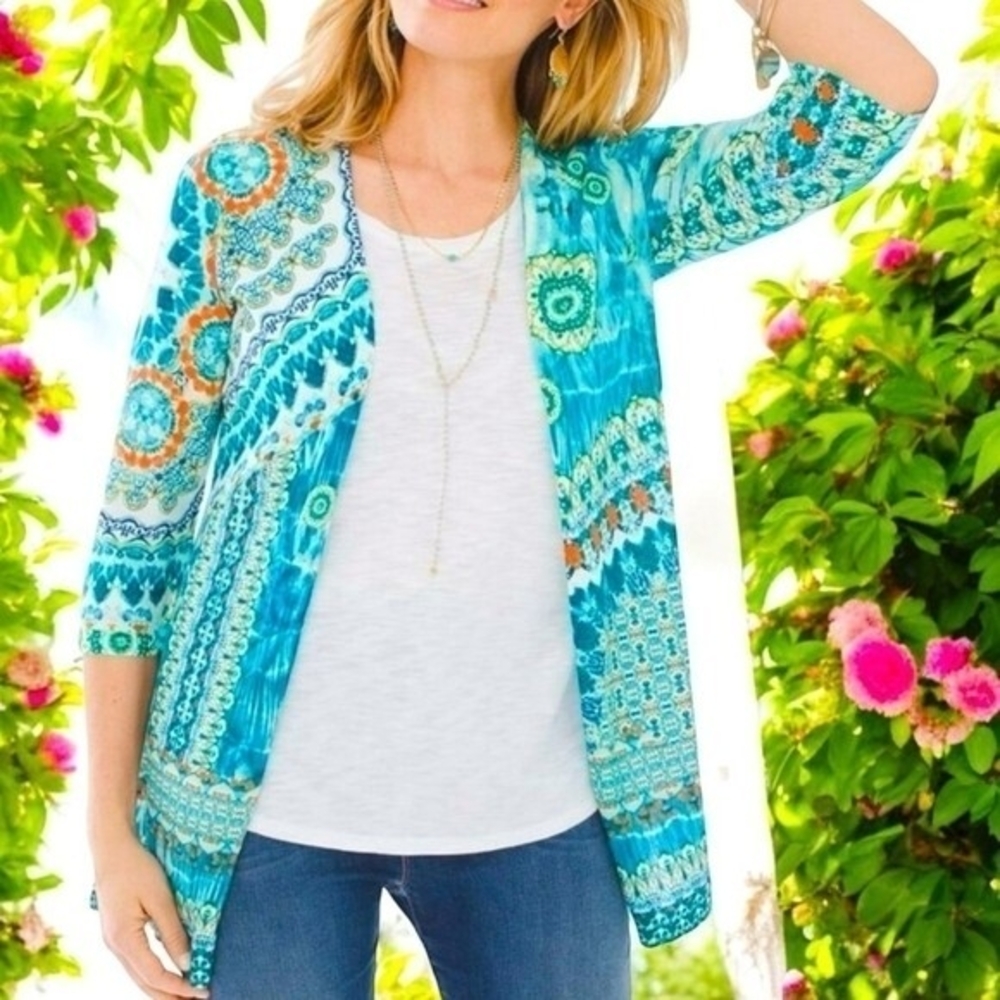 Chico's Multicolor Geometric Mandala Open Front Knit Cardigan Lurex Sz 1 Medium